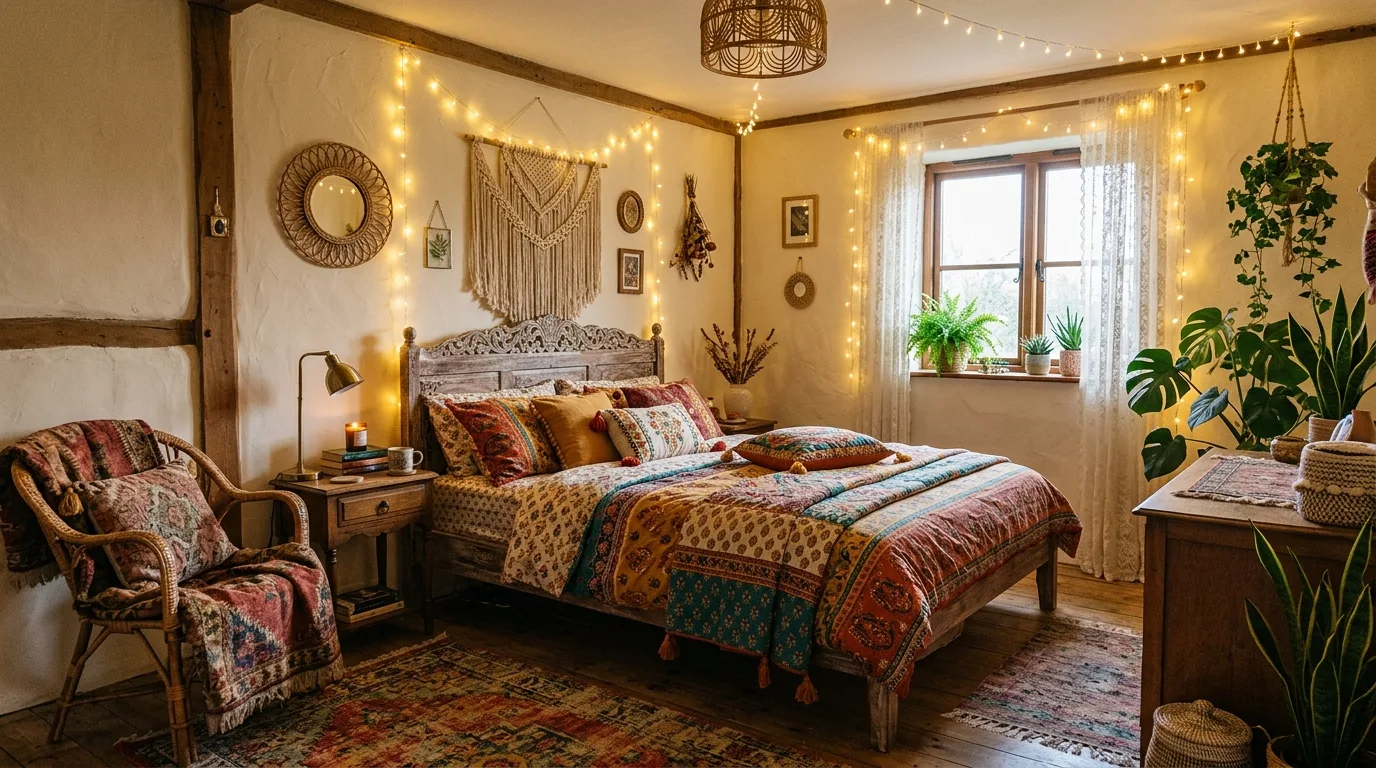 Use earth tones to keep stronger colors in balance inspiration for a boho bedroom.
